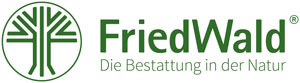 Das FriedWald-Logo in Grün mit einem stilisierten Baum und dem Slogan "Die Bestattung in der Natur".